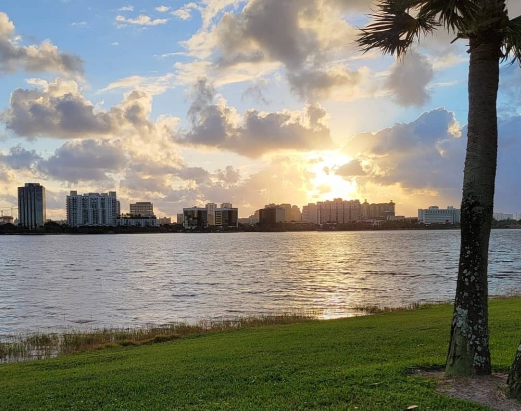 Lake view of downtown West Palm Beach in south Florida
