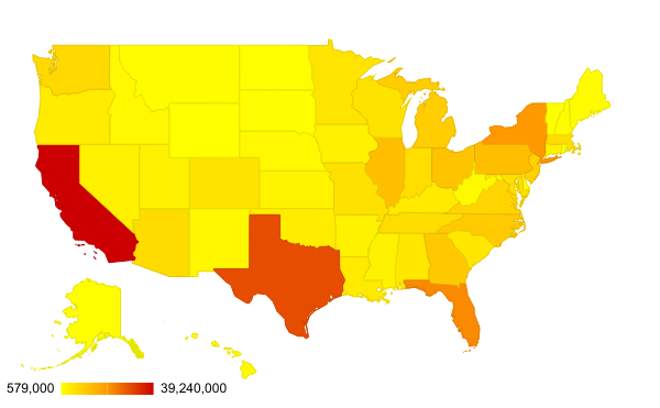 This heat map shows the population of each state in the U.S.