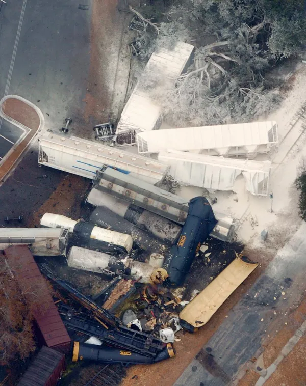 This photo shows a Norfolk Southern train derailment in Graniteville, South Carolina in 2005.