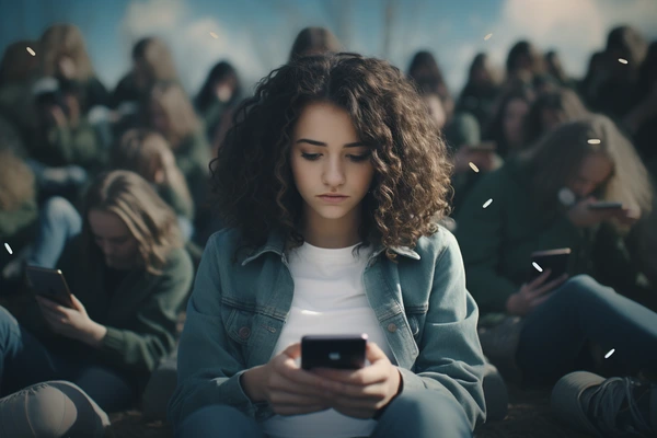 A high school girl on her phone in a dystopian world of social media