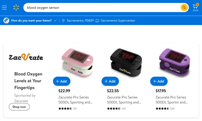 Screenshot of Walmart.com showing a sponsored product placement at the top of the search results