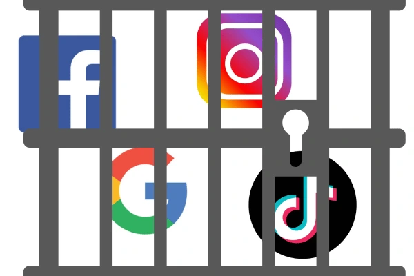 Big tech behind bars, illustrating the serious nature of the EU's Digital Services Act (DMA)