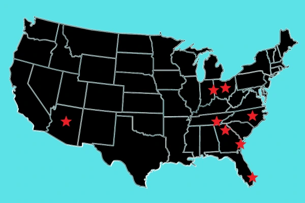 Map of the U.S. showing stars on the cities that this article talks about