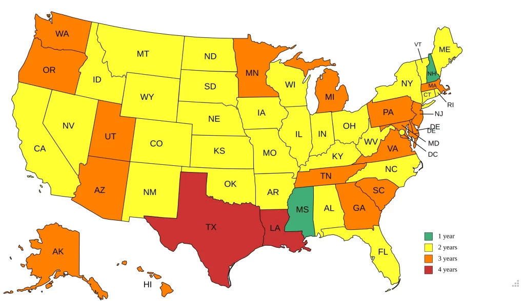 A color-coded map showing real estate broker experience requirements by state