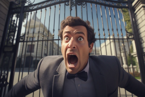 A picture of a terrified man stuck outside the gate of a mansion.  He is stuck because he doesn't qualify for his real estate license, and that makes him terrified of missing out on the wealth and opportunities that can come from real estate.