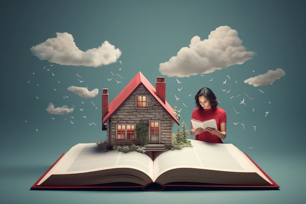 A house sitting on an open book with a woman studying it