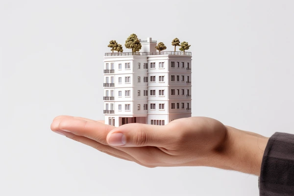 Man holding a mini apartment building in his hand