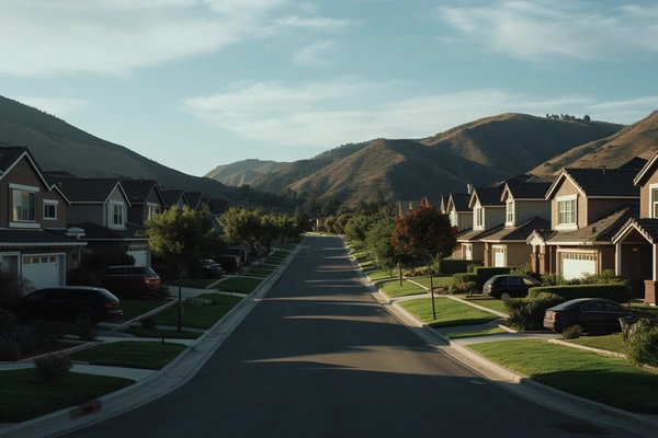 A boring suburban neighborhood near sunset