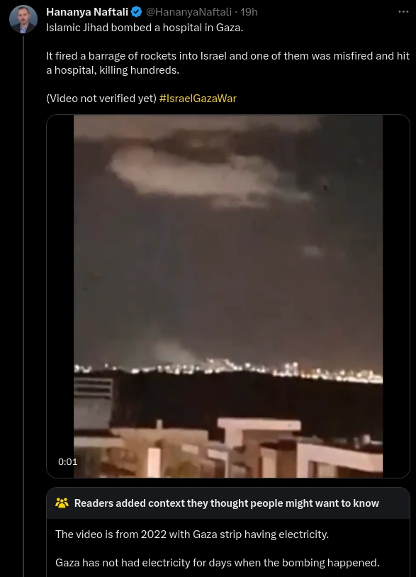 A Hananya Naftali tweet of old footage claimed to be video of the misfired rocket that destroyed the Baptist hospital in Gaza on October 17, 2023