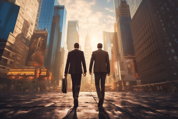 Two business men walk together through the city as the discuss a joint venture of their companies