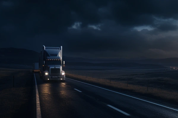 Semi-truck driving down a dark lonely road in middle America