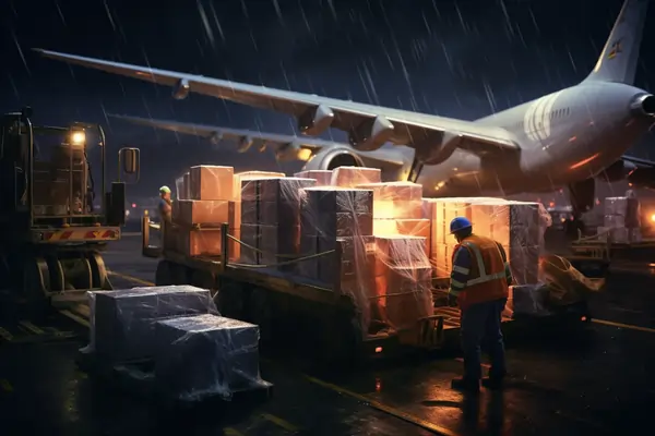Cargo plane being loaded with packages